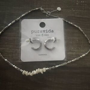 Pura Vida Silver Textured C-Hoop Earrings with White Bead Accent Necklace